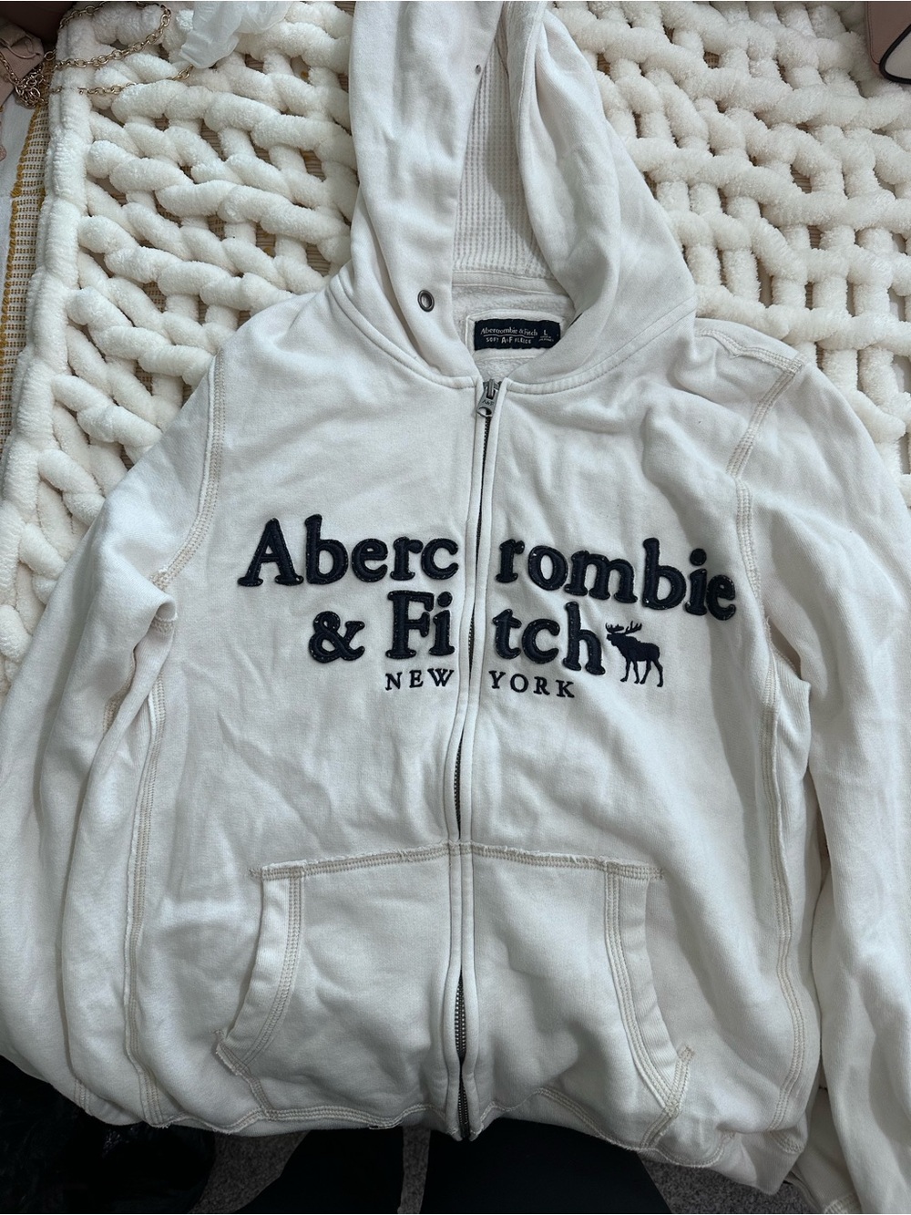 Abercrombie & Fitch Kids Cream Zip Hoodie with Navy Logo